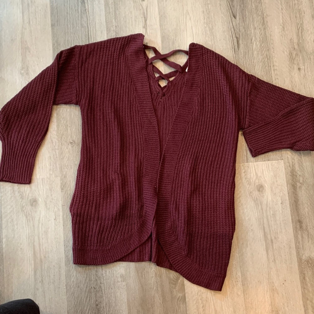 Crisscross V‑Neck Burgundy Open Front Knit Cardigan